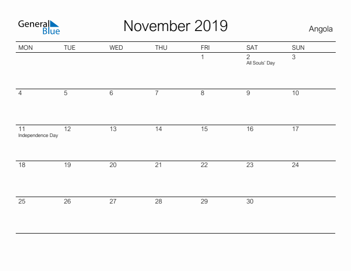 Printable November 2019 Calendar for Angola