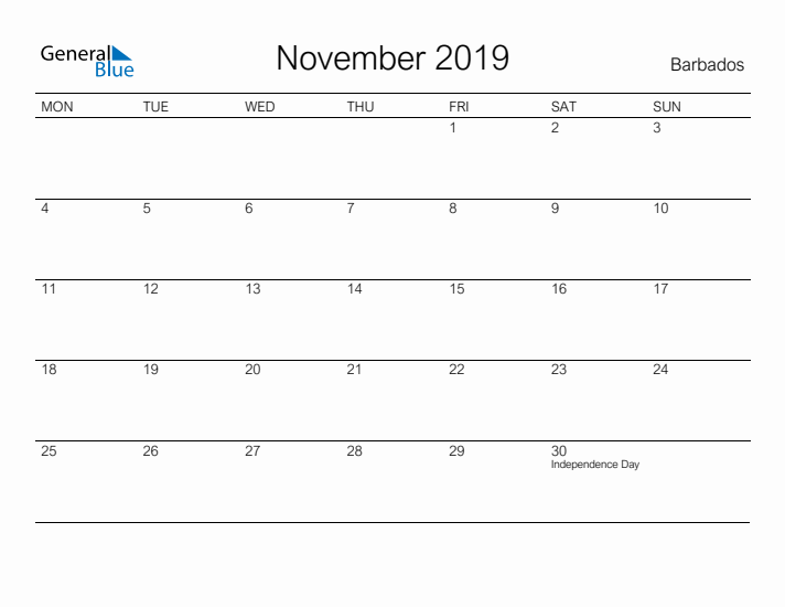 Printable November 2019 Calendar for Barbados