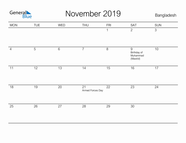 Printable November 2019 Calendar for Bangladesh