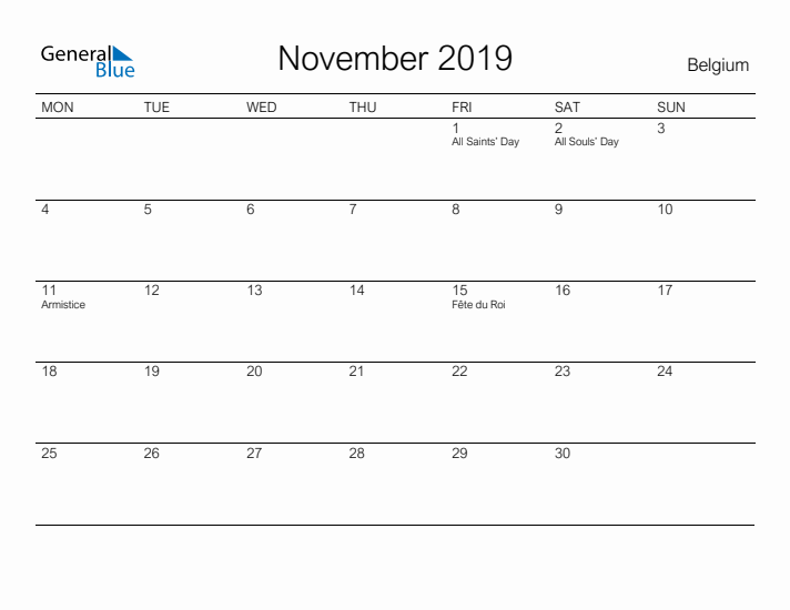 Printable November 2019 Calendar for Belgium
