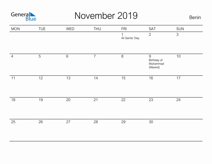 Printable November 2019 Calendar for Benin
