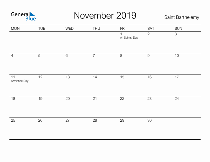 Printable November 2019 Calendar for Saint Barthelemy