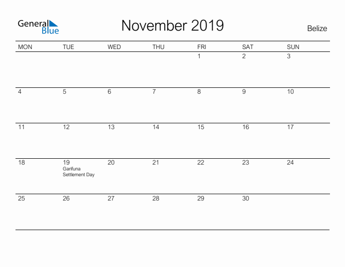 Printable November 2019 Calendar for Belize