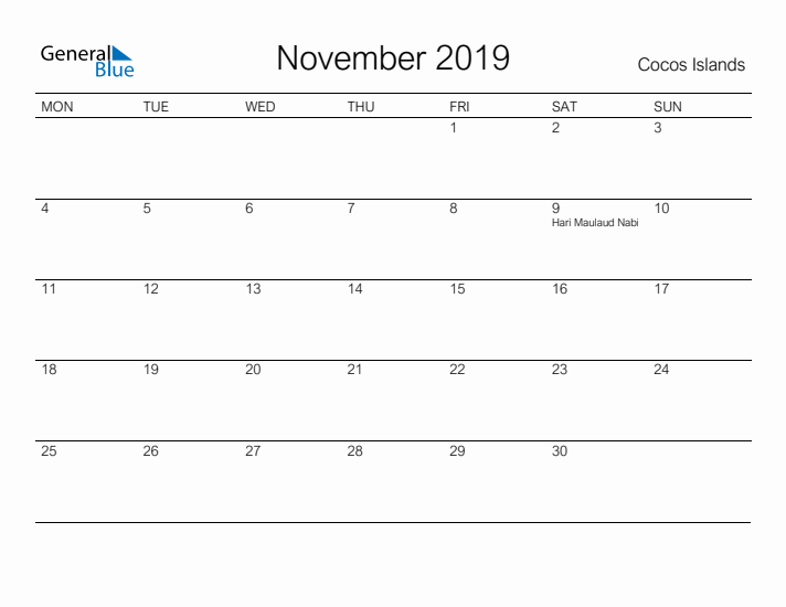 Printable November 2019 Calendar for Cocos Islands