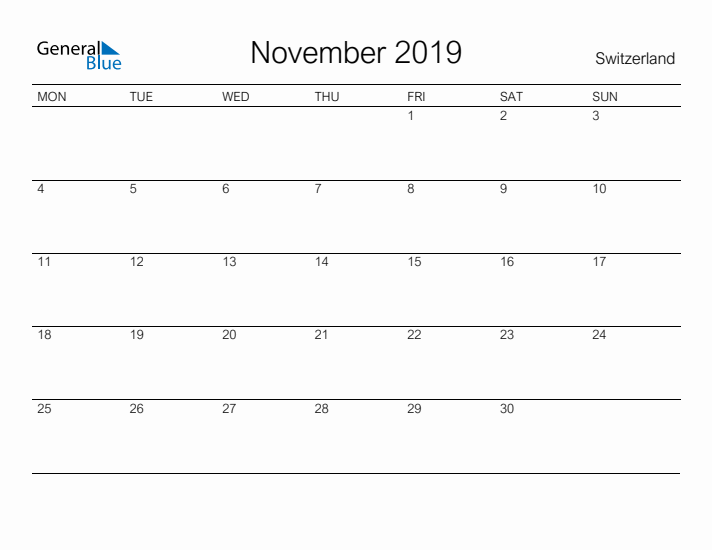 Printable November 2019 Calendar for Switzerland
