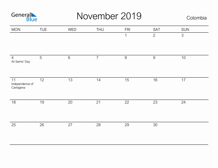 Printable November 2019 Calendar for Colombia