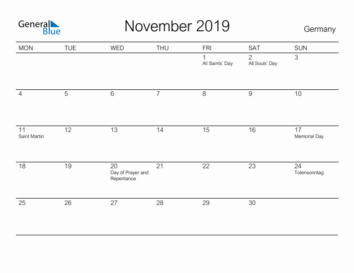 Printable November 2019 Calendar for Germany