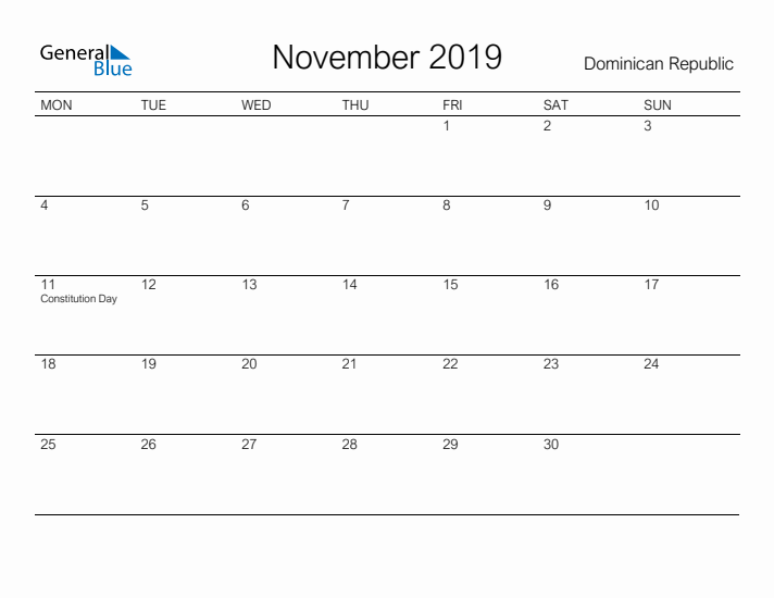 Printable November 2019 Calendar for Dominican Republic