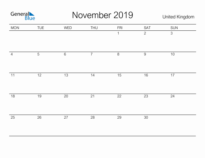 Printable November 2019 Calendar for United Kingdom
