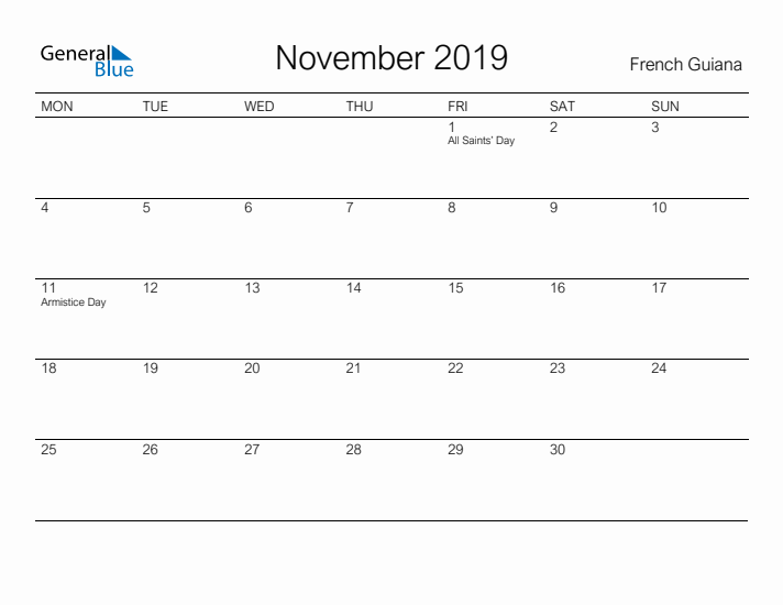 Printable November 2019 Calendar for French Guiana