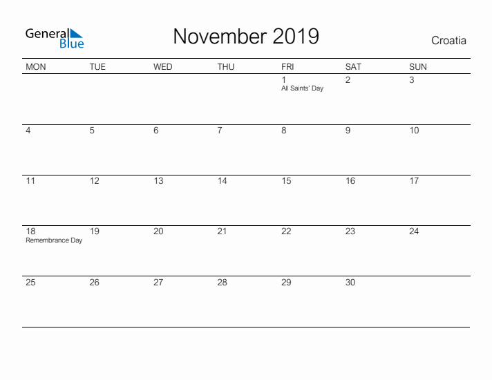 Printable November 2019 Calendar for Croatia
