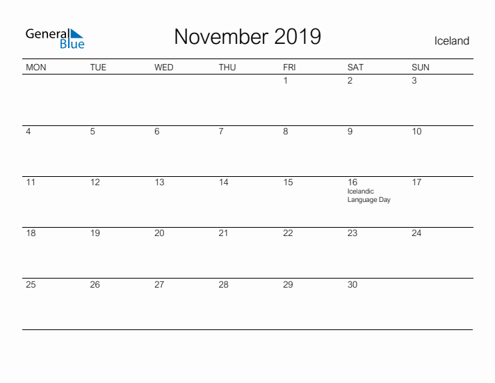Printable November 2019 Calendar for Iceland