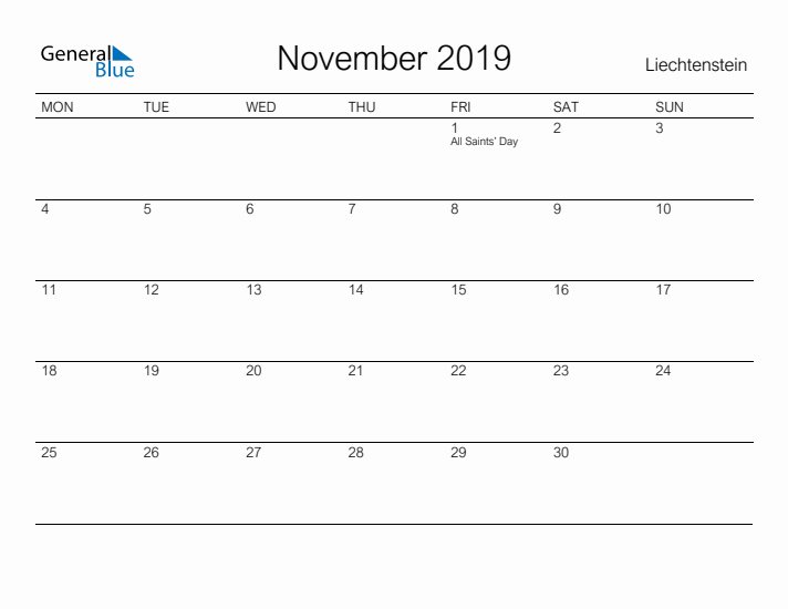 Printable November 2019 Calendar for Liechtenstein