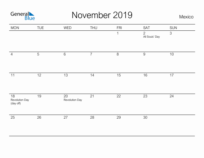 Printable November 2019 Calendar for Mexico