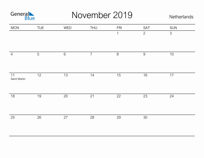 Printable November 2019 Calendar for The Netherlands