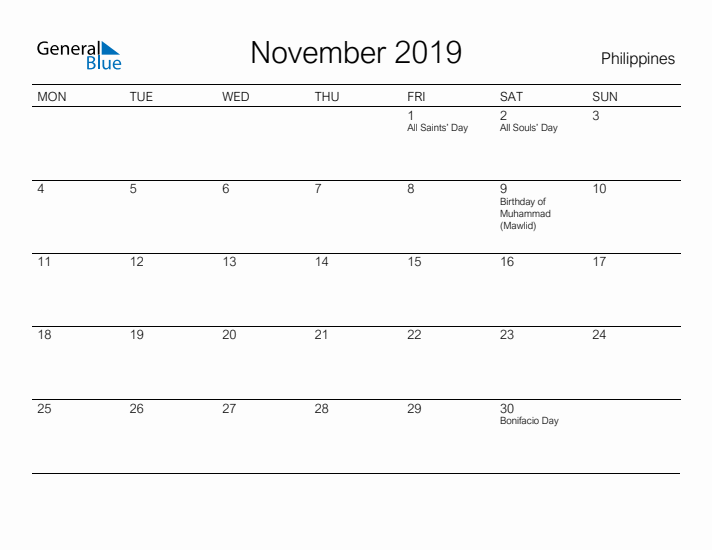 Printable November 2019 Calendar for Philippines
