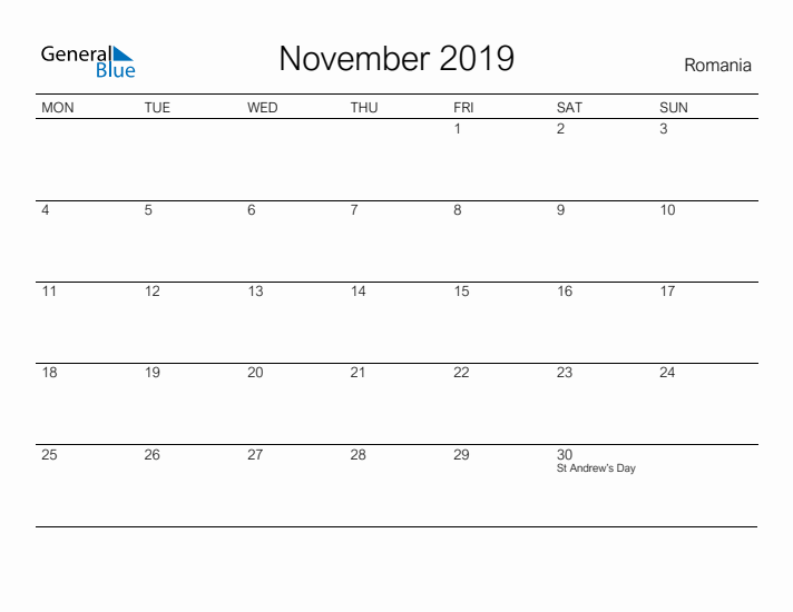 Printable November 2019 Calendar for Romania