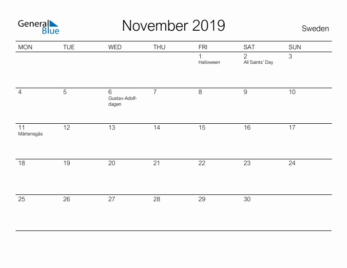 Printable November 2019 Calendar for Sweden