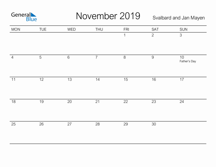 Printable November 2019 Calendar for Svalbard and Jan Mayen