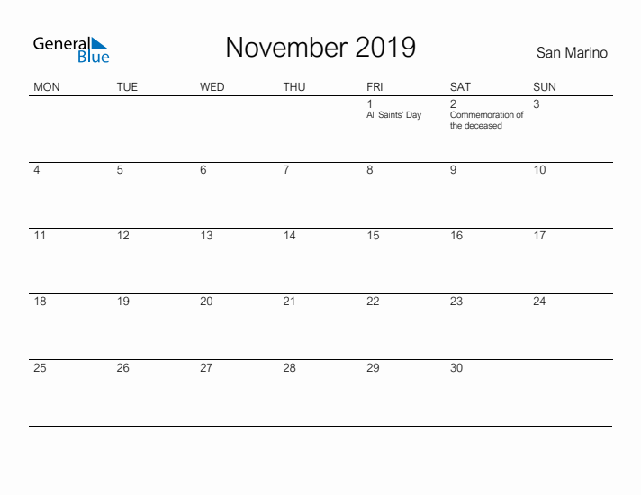 Printable November 2019 Calendar for San Marino