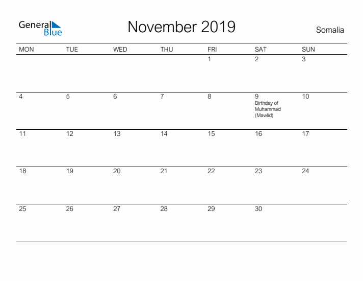 Printable November 2019 Calendar for Somalia