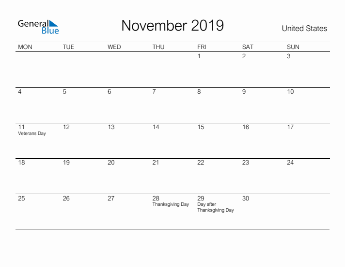 Printable November 2019 Calendar for United States
