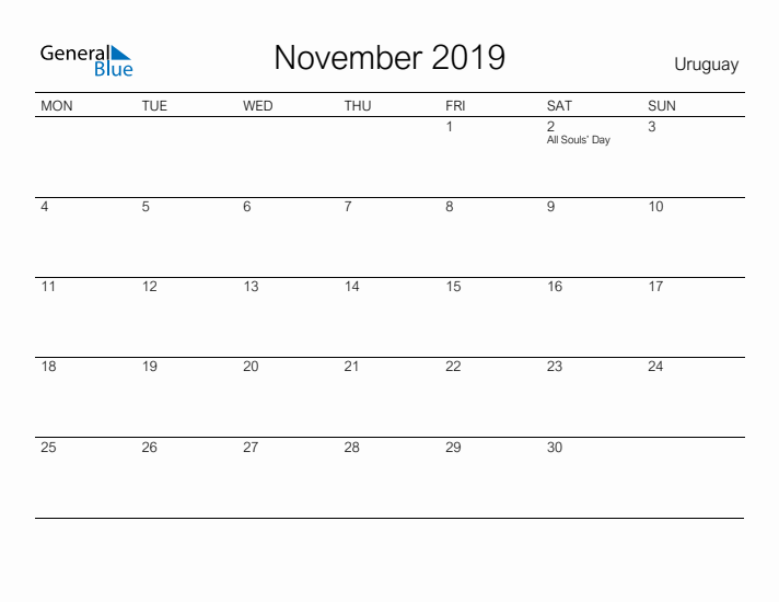 Printable November 2019 Calendar for Uruguay