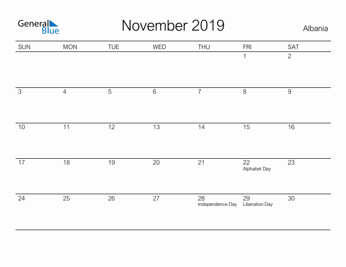 Printable November 2019 Calendar for Albania
