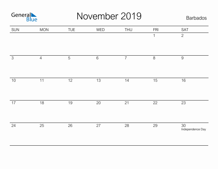 Printable November 2019 Calendar for Barbados