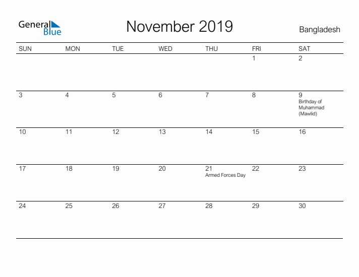 Printable November 2019 Calendar for Bangladesh