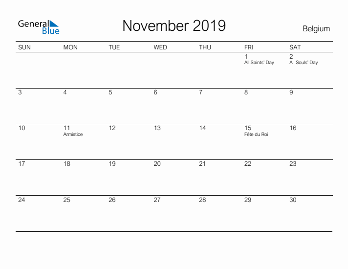 Printable November 2019 Calendar for Belgium