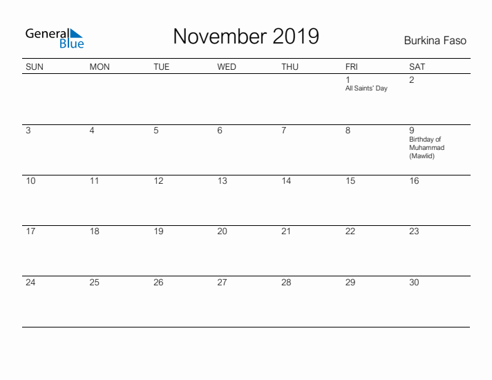 Printable November 2019 Calendar for Burkina Faso
