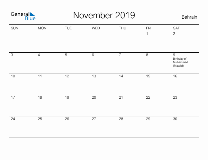 Printable November 2019 Calendar for Bahrain