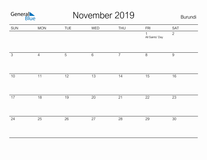 Printable November 2019 Calendar for Burundi