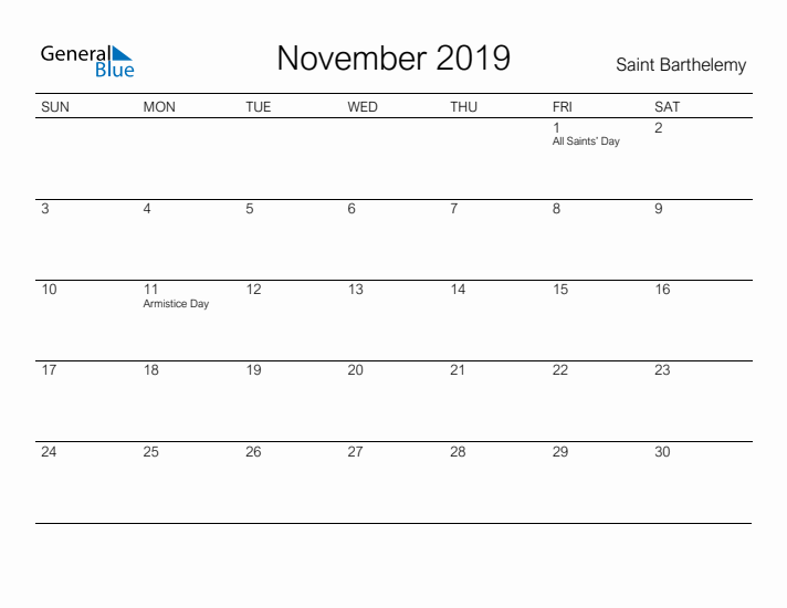 Printable November 2019 Calendar for Saint Barthelemy