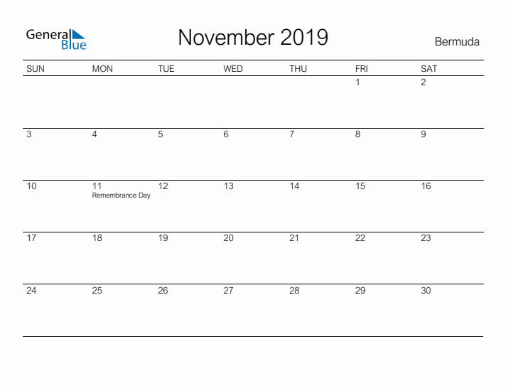 Printable November 2019 Calendar for Bermuda