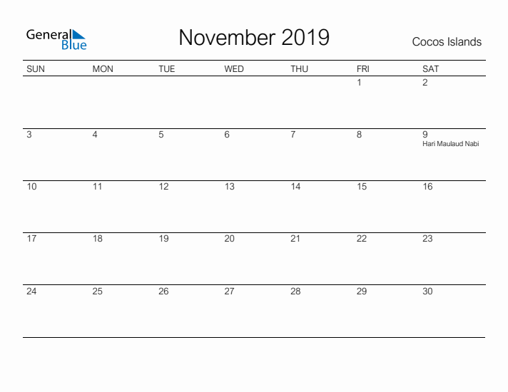 Printable November 2019 Calendar for Cocos Islands