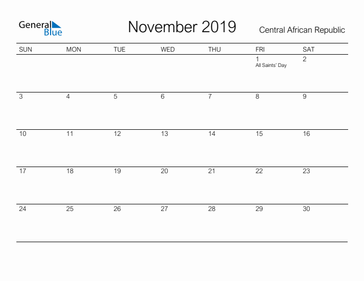 Printable November 2019 Calendar for Central African Republic