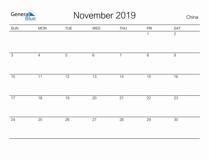 Printable November 2019 Calendar for China