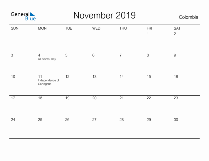 Printable November 2019 Calendar for Colombia