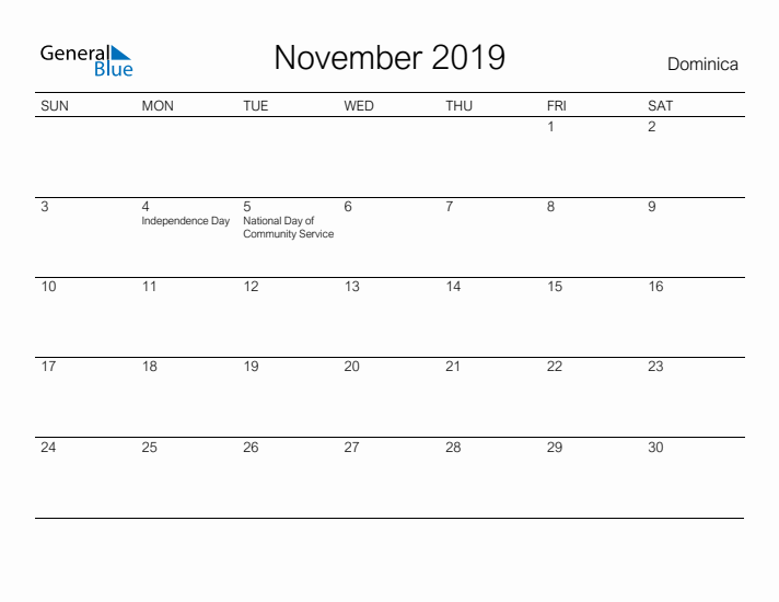 Printable November 2019 Calendar for Dominica