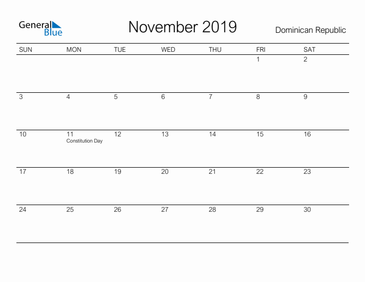 Printable November 2019 Calendar for Dominican Republic