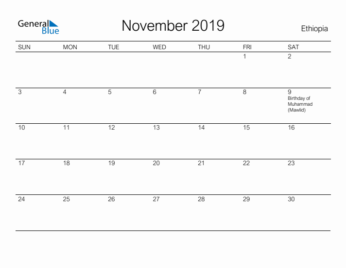 Printable November 2019 Calendar for Ethiopia