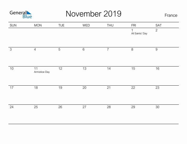 Printable November 2019 Calendar for France