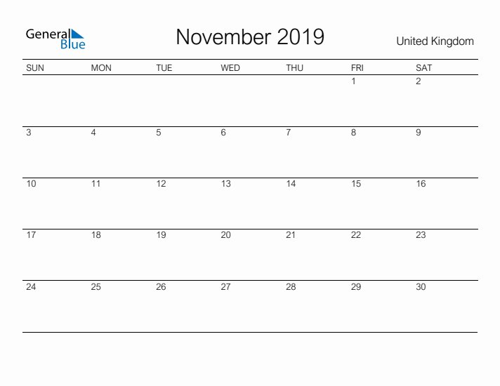 Printable November 2019 Monthly Calendar with Holidays for United Kingdom