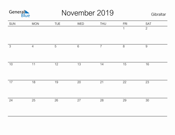 Printable November 2019 Calendar for Gibraltar