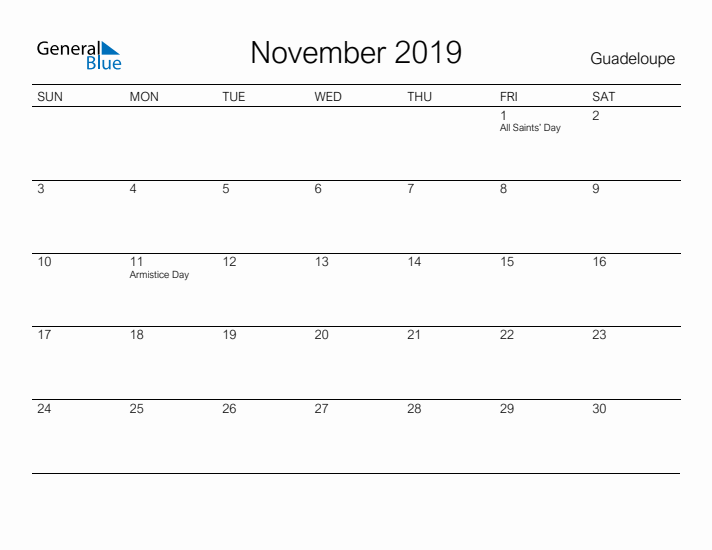 Printable November 2019 Calendar for Guadeloupe