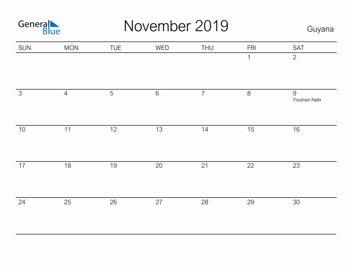 Printable November 2019 Calendar for Guyana