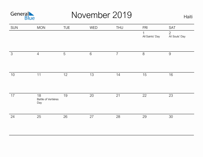 Printable November 2019 Calendar for Haiti