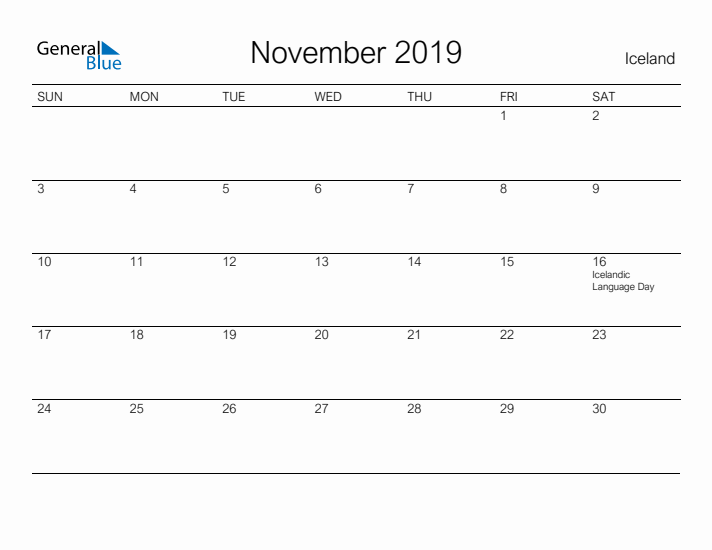 Printable November 2019 Calendar for Iceland